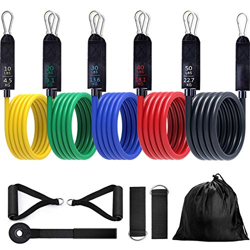 EgoIggo Bandas de Resistencia, 150lbs Bandas Elasticas Musculacion, 5 Tubos de Látex, con Asas, Correas de Tobillo Y Anclaje para Puerta, Kit de Cintas TRX, Adecuado para Fitness, Gimnasio, Crossfit