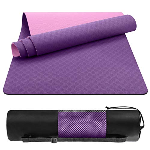 EgoIggo Esterilla Yoga Antideslizante, Yoga Mat colchoneta Yoga Alfombrilla Deporte. Esterilla Pilates de 183cmx61cm, 6mm Grosor de Caucho. con Bolsa y Correa de Hombro.Púrpura-Rosa