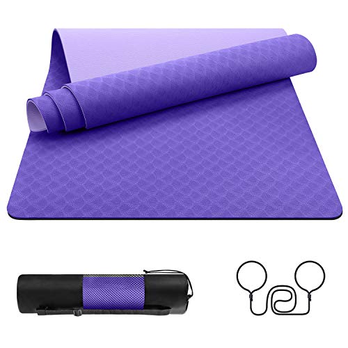 EgoIggo Esterilla Yoga Antideslizante, Yoga Mat colchoneta Yoga Alfombrilla Deporte. Esterilla Pilates de 183cmx61cm, 6mm Grosor de Caucho. con Bolsa y Correa de Hombro. Púrpura Oscuro y Claro