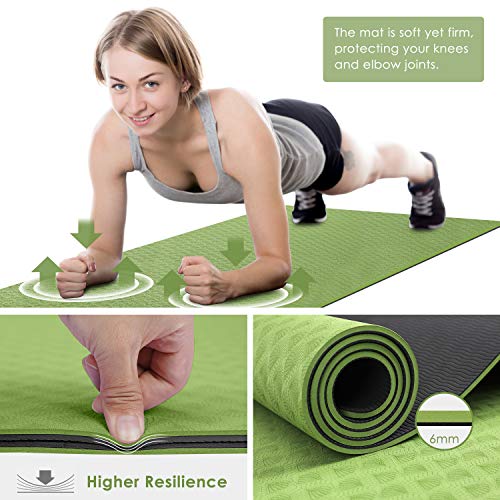 EgoIggo Esterilla Yoga Antideslizante, Yoga Mat Colchoneta Yoga Alfombrilla Deporte. Esterilla Pilates de 183cmx61cm, 6mm Grosor de Ecológico TPE. con Bolsa Y Correa de Hombro. Verde-Negro.