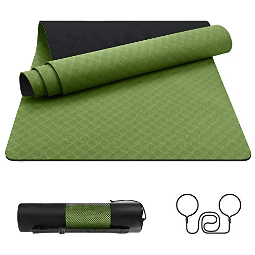 EgoIggo Esterilla Yoga Antideslizante, Yoga Mat Colchoneta Yoga Alfombrilla Deporte. Esterilla Pilates de 183cmx61cm, 6mm Grosor de Ecológico TPE. con Bolsa Y Correa de Hombro. Verde-Negro.