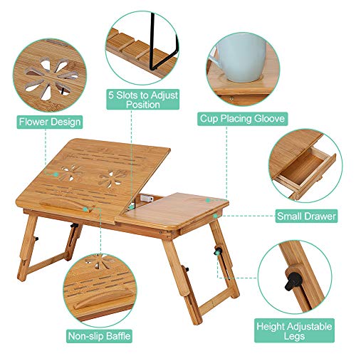 Ejoyous Bandeja de cama, bandeja de cama, mesa para ordenador portátil, de bambú, soporte para portátil, 1 unidad, estantería de bambú ajustable con pequeño cajón para usar en la cama o el sofá
