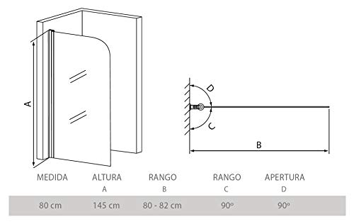 EL ALMACEN DEL PROFESIONAL Biombo Bañera Gandia, Medidas 145x80 cm, Cristal 5 mm, Cromo-Transparente. Biombo Mampara Baño Fija Rectangular Perfil Aluminio Cromado, Fácil Apertura