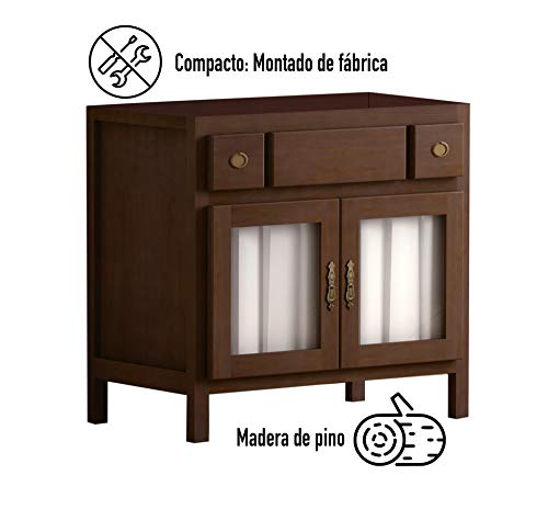 EL ALMACEN DEL PROFESIONAL Juego de Mueble de Baño Modelo Jerez, Conjunto formado por Mueble de Baño Estilo Rústico Color Madera Nogal Medidas: (80x80,5x45cm) Lavabo de Porcelana y Espejo a Juego