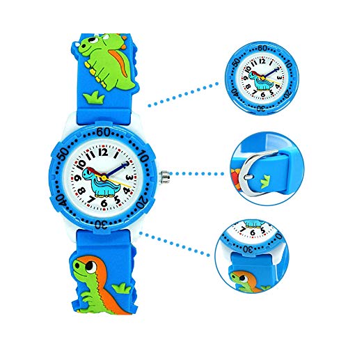 El Reloj de Niños de Vinmori, Reloj de Cuarzo con Dibujos Animados Bonitos de 3D a Prueba de Agua Regalo para Chicos Niños y Niñas Dinosaurio-Azul y Blanco