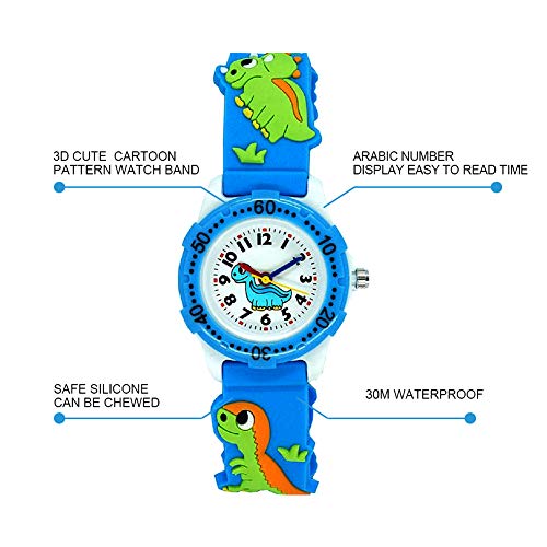 El Reloj de Niños de Vinmori, Reloj de Cuarzo con Dibujos Animados Bonitos de 3D a Prueba de Agua Regalo para Chicos Niños y Niñas Dinosaurio-Azul y Blanco