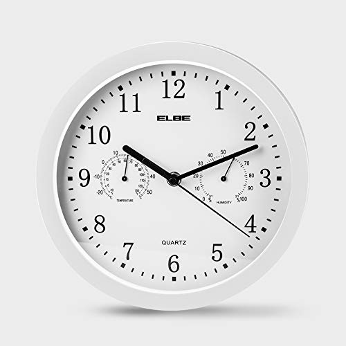 ELBE RP-2005-B Reloj de pared con termómetro e higrómetro, mide temperatura y humedad, 25 cm diámetro, panel blanco marco blanco, funciona con pilas, color blanco