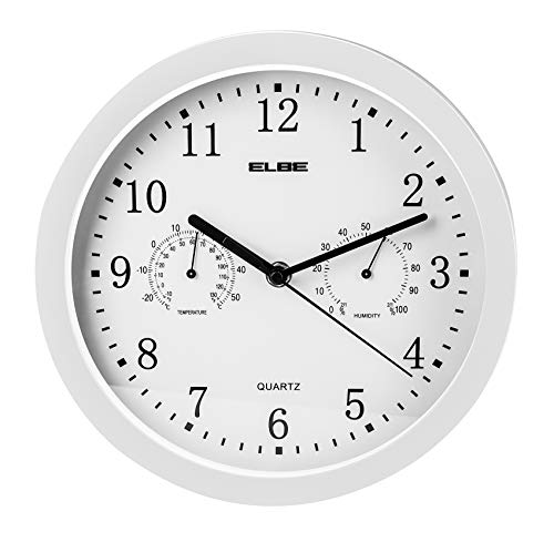 ELBE RP-2005-B Reloj de pared con termómetro e higrómetro, mide temperatura y humedad, 25 cm diámetro, panel blanco marco blanco, funciona con pilas, color blanco ELBE RP-2005-B Reloj de pared con termómetro e higrómetro, mide temperatura y humedad, 25 cm diámetro, panel blanco marco blanco, funciona con pilas, color blanco