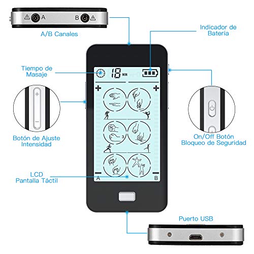 Electroestimulador Digital 24 Modos, 2 Canales, 8 Electrodos con Pantalla Táctil para Alivio del Dolor y Relajación Muscular