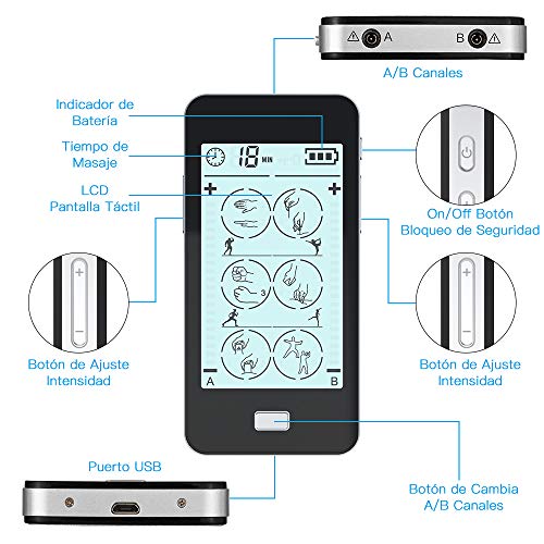 Electroestimulador Digital Masaje 24 Modos, 2 Canales, 8 Electrodos con LCD Pantalla Táctil para Alivio del Dolor y Relajación Muscular