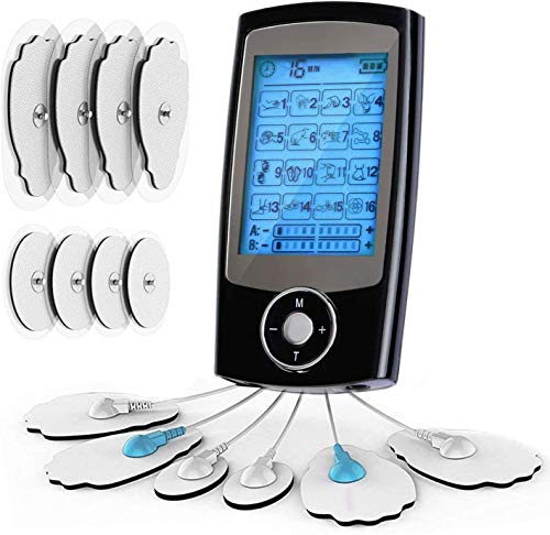 Electroestimulador Digital Masaje EMS TENS Portatil, 16 Modos 8 Pads 2 Canales Estimulador Muscular Recargable Masajeador Electro para Alivio del Dolor de Cervical/Piernas/Abdominal/Espalda/Cuello