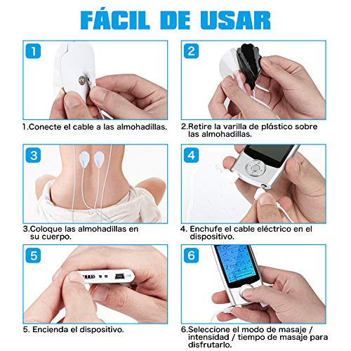 Electroestimulador Digital Masaje Portatil, 16 Modos 6 Pads 2 Canales Estimulador Muscular Recargable Masajeador Electro para Alivio del Dolor de Cervical/Piernas/Abdominal/Espalda/Cuello