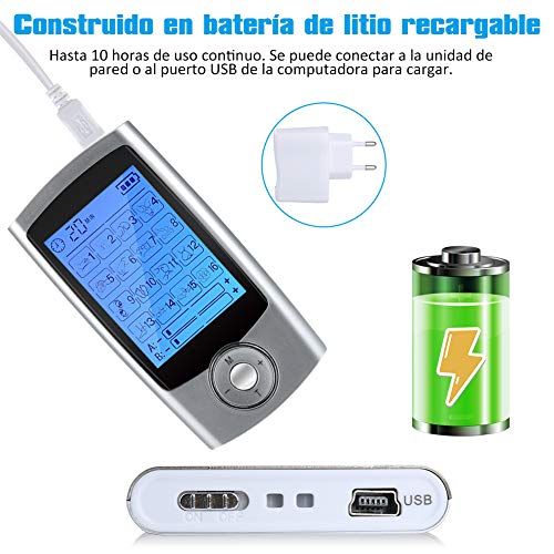 Electroestimulador Digital Masaje Portatil, 16 Modos 6 Pads 2 Canales Estimulador Muscular Recargable Masajeador Electro para Alivio del Dolor de Cervical/Piernas/Abdominal/Espalda/Cuello