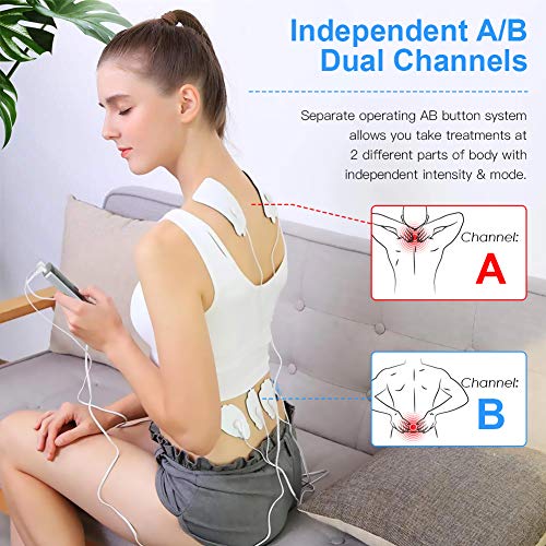 Electroestimulador EMS/TENS/MASAJE Portatil, Masajeador Electro Recargable Estimulador Muscular de Pulsos 24 Modos 2 Canales 8 Pads para Alivio del Dolor de Cervical/Piernas/Abdominal/Espalda/Cuello