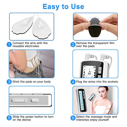 Electroestimulador EMS/TENS/MASAJE Portatil, Masajeador Electro Recargable Estimulador Muscular de Pulsos 24 Modos 2 Canales 8 Pads para Alivio del Dolor de Cervical/Piernas/Abdominal/Espalda/Cuello