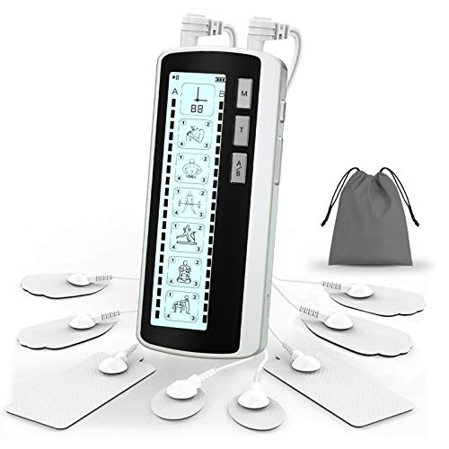 Electroestimulador EMS/TENS/MASAJE Portatil, Masajeador Electro Recargable Estimulador Muscular de Pulsos 24 Modos 2 Canales 8 Pads para Alivio del Dolor de Cervical/Piernas/Abdominal/Espalda/Cuello