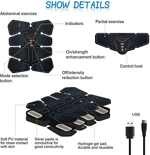 Electroestimulador Muscular Abdominales,Estimulador Muscular con USB Recargable,Maquina Abdominales Electrica para Hombre y Mujer,EMS Gimnasia Pasiva para Abdomen+Brazo+Piernas en Casa(6 Modes)