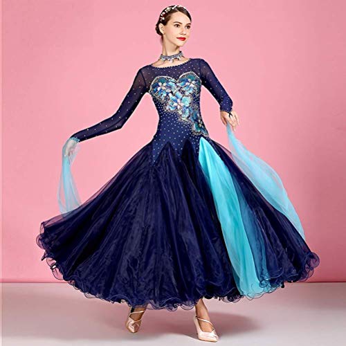 Elegante Manga larga Vestidos de baile de alto rendimiento for salón de baile Diamantes de imitación bordado Disfraz de competencia nacional estándar Falda larga elástica Gran swing