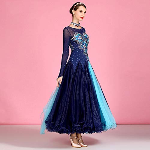 Elegante Manga larga Vestidos de baile de alto rendimiento for salón de baile Diamantes de imitación bordado Disfraz de competencia nacional estándar Falda larga elástica Gran swing