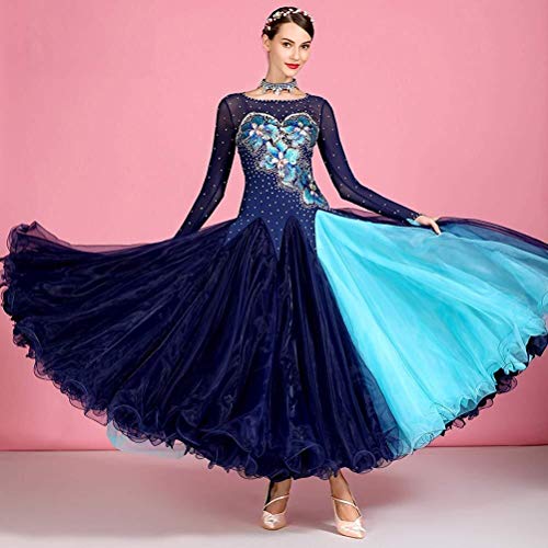 Elegante Manga larga Vestidos de baile de alto rendimiento for salón de baile Diamantes de imitación bordado Disfraz de competencia nacional estándar Falda larga elástica Gran swing