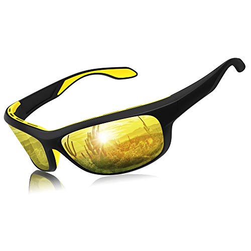 Elegear Gafas de Sol Deportivas Hombre Polarizadas Anti Rayos UVA UV Marco y TR90 Lente Espejo con REVO Anti Aceite Gafas Hombre y Mujer Bici Running Coche MTB Moto Montaña Esquí(Amarillo)