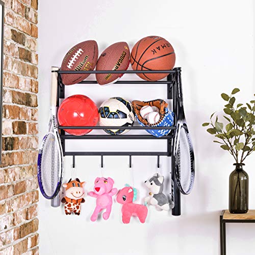 ElevenII Organizador de Equipo de 2 Niveles Ajustable para balones de Deporte, con Gancho, para Baloncesto, fútbol, Voleibol, Ejercicio, balón Medicinal (Negro)