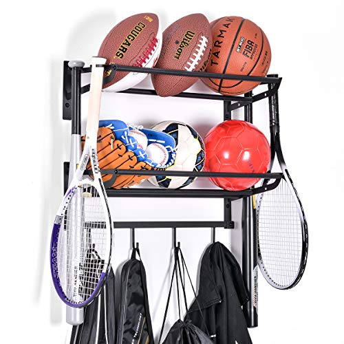 ElevenII Organizador de Equipo de 2 Niveles Ajustable para balones de Deporte, con Gancho, para Baloncesto, fútbol, Voleibol, Ejercicio, balón Medicinal (Negro)