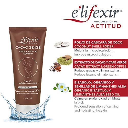 Elifexir Cacao Sense - Exfoliante Corporal, Reductor y Reafirmante, Mejora Luminosidad y Alisamiento, Acción Reductora, Piel Lisa y Aterciopelada, Extracto de Cacao y Café Verde - 200 ml