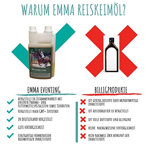 EMMA Aceite de Germen de arroz para Caballos la alimentación de los Caballos favorece el Desarrollo Muscular I Gamma-orizanol + Vitamina E para el Rendimiento y la Musculatura 1 L EMMA Aceite de Germen de arroz para Caballos la alimentación de los Caballos favorece el Desarrollo Muscular I Gamma-orizanol + Vitamina E para el Rendimiento y la Musculatura 1 L