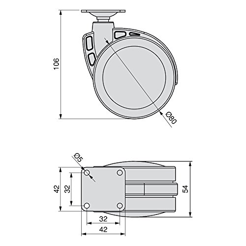 Emuca 2037921, Ruedas pivotantes para mueble - 80mm con placa de montaje y rodamiento de bolas, Gris, Set de 4 Piezas (2 con freno y 2 sin freno)