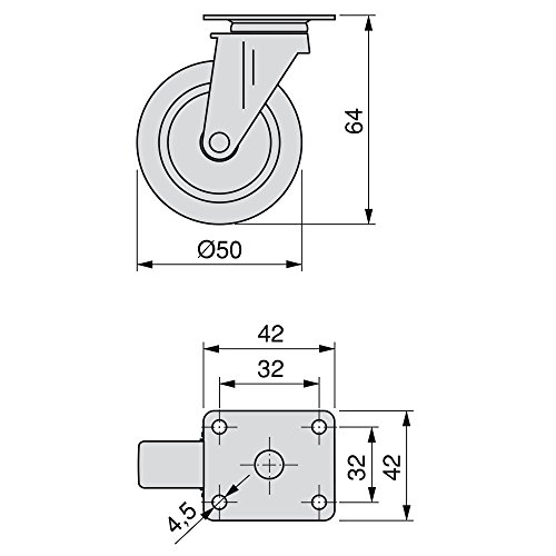 Emuca - Lote de 4 ruedas pivotantes para mueble Ø50mm con placa de montaje y rodamiento de bolas, ruedas de goma para muebles color gris Emuca - Lote de 4 ruedas pivotantes para mueble Ø50mm con placa de montaje y rodamiento de bolas, ruedas de goma para muebles color gris