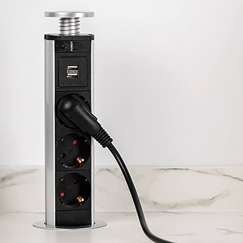 Emuca - Regleta multienchufe retráctil con 3 enchufes schuko EU y 2 Puertos USB, Torre de enchufes Vertical empotrable para encimera de Cocina o Escritorio Emuca - Regleta multienchufe retráctil con 3 enchufes schuko EU y 2 Puertos USB, Torre de enchufes Vertical empotrable para encimera de Cocina o Escritorio