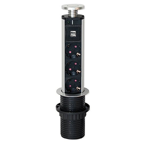 Emuca - Regleta multienchufe retráctil con 3 enchufes schuko EU y 2 Puertos USB, Torre de enchufes Vertical empotrable para encimera de Cocina o Escritorio Emuca - Regleta multienchufe retráctil con 3 enchufes schuko EU y 2 Puertos USB, Torre de enchufes Vertical empotrable para encimera de Cocina o Escritorio