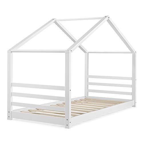 [en.casa] Cama para niños de Pino 200 x 90 cm Cama Infantil Forma de casa Blanco Mate