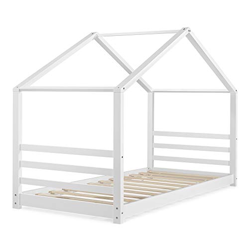 [en.casa] Cama para niños de Pino 200 x 90 cm Cama Infantil Forma de casa Blanco Mate