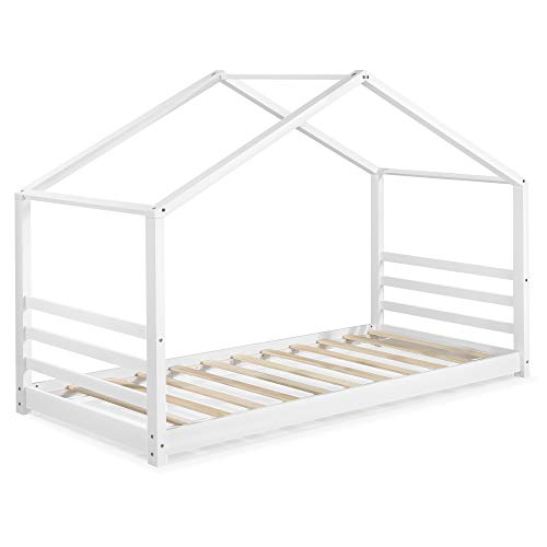 [en.casa] Cama para niños de Pino 200 x 90 cm Cama Infantil Forma de casa Blanco Mate