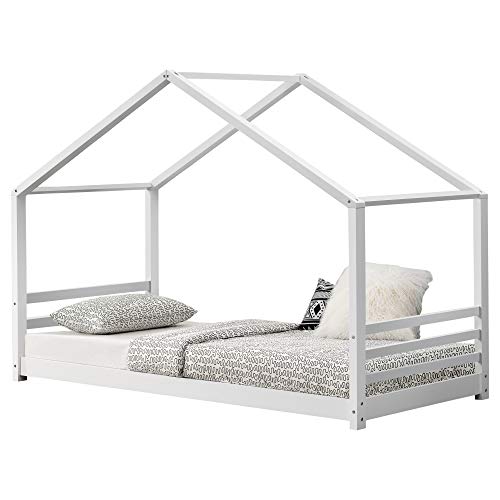 [en.casa] Cama para niños de Pino 200 x 90 cm Cama Infantil Forma de casa Blanco Mate