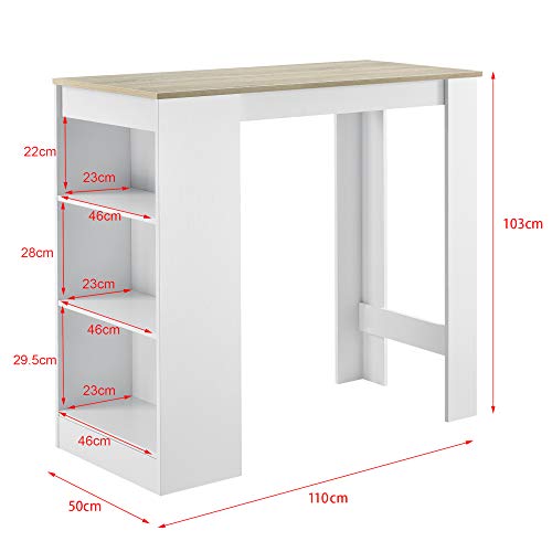 [en.casa] Mesa de Bar de Bistro Elegante 110 x 50 x 103 cm Mesa Alta Cocina Barra integrada para Bebidas con 3 Estantes Blanco y Efecto Roble