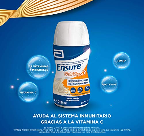 Ensure Nutrivigor - Complemento Alimenticio para Adultos, con HMB, Proteínas, Vitaminas y Minerales, como el Calcio - Sabor Vainilla - Pack de 4 Botellas x 220 ml