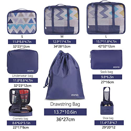 Eono by Amazon - 8 Set Cubos de Embalaje, Organizadores para Maletas, Travel Packing Cubes, Equipaje de Viaje Organizadores, con Bolsa de Zapatos, Bolsa de Cosméticos y Bolsa de Lavandería, Armada Eono by Amazon - 8 Set Cubos de Embalaje, Organizadores para Maletas, Travel Packing Cubes, Equipaje de Viaje Organizadores, con Bolsa de Zapatos, Bolsa de Cosméticos y Bolsa de Lavandería, Armada