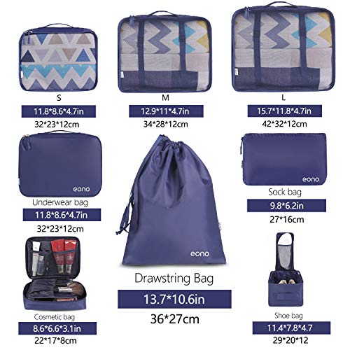 Eono by Amazon - 8 Set Cubos de Embalaje, Organizadores para Maletas, Travel Packing Cubes, Equipaje de Viaje Organizadores, con Bolsa de Zapatos, Bolsa de Cosméticos y Bolsa de Lavandería, Armada