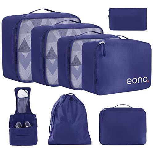 Eono by Amazon - 8 Set Cubos de Embalaje, Organizadores para Maletas, Travel Packing Cubes, Equipaje de Viaje Organizadores, con Bolsa de Zapatos, Bolsa de Cosméticos y Bolsa de Lavandería, Armada