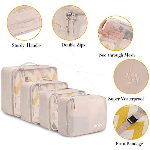 Eono by Amazon - 8 Set Cubos de Embalaje, Organizadores para Maletas, Travel Packing Cubes, Equipaje de Viaje Organizadores, con Bolsa de Zapatos, Bolsa de Cosméticos y Bolsa de Lavandería, Beige