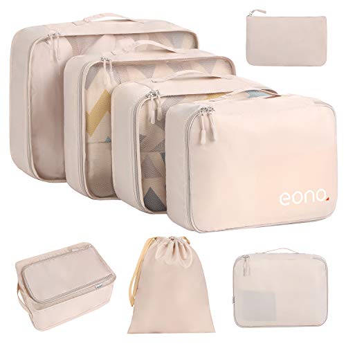 Eono by Amazon - 8 Set Cubos de Embalaje, Organizadores para Maletas, Travel Packing Cubes, Equipaje de Viaje Organizadores, con Bolsa de Zapatos, Bolsa de Cosméticos y Bolsa de Lavandería, Beige