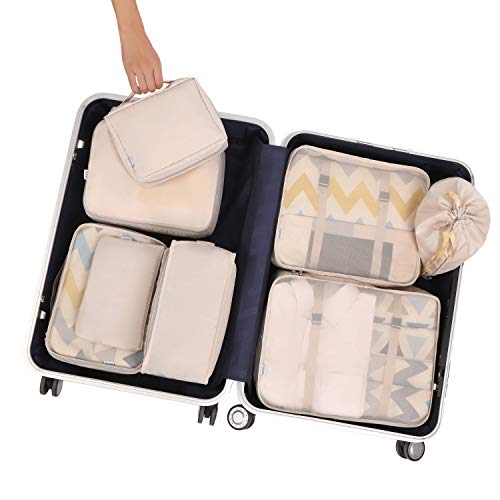 Eono by Amazon - 8 Set Cubos de Embalaje, Organizadores para Maletas, Travel Packing Cubes, Equipaje de Viaje Organizadores, con Bolsa de Zapatos, Bolsa de Cosméticos y Bolsa de Lavandería, Beige