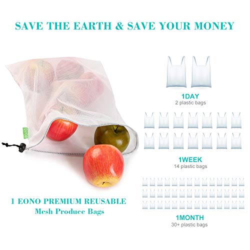 Eono by Amazon - Bolsas Compra Reutilizables Ecológicas Bolsa de Malla para Almacenamiento Fruta Verduras Juguetes Lavable y Transpirable 3 Diversos Tamaños, 9 Pcs (2L+5M+2S)