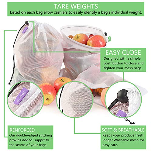 Eono by Amazon - Bolsas Compra Reutilizables Ecológicas Bolsa de Malla para Almacenamiento Fruta Verduras Juguetes Lavable y Transpirable 3 Diversos Tamaños, 9 Pcs (2L+5M+2S)