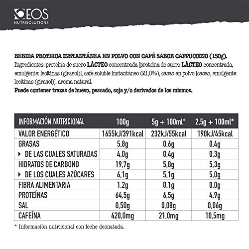 EOS - Café Proteico Cappuccino 150 g - Café con Proteína Whey y Cacao sin azúcar añadido y sin gluten