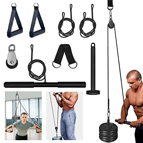 Equipo de polea con cable, sistema de entrenamiento LAT y tri pull down con mango de espuma y barra única para ejercicios de entrenamiento de fuerza, bíceps, tríceps, abdominals