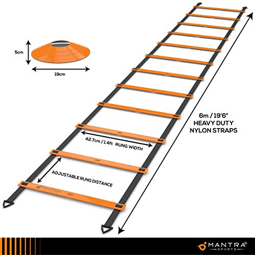 Escalera de Agilidad, Velocidad y Coordinacion 6m - 8 Conos Entrenamiento Deportivos - Deportes Equipo Entrenamiento Funcional para Fitness, Fútbol, Hockey, Baloncesto, HIIT y CrossFit - Guia y Bolsa